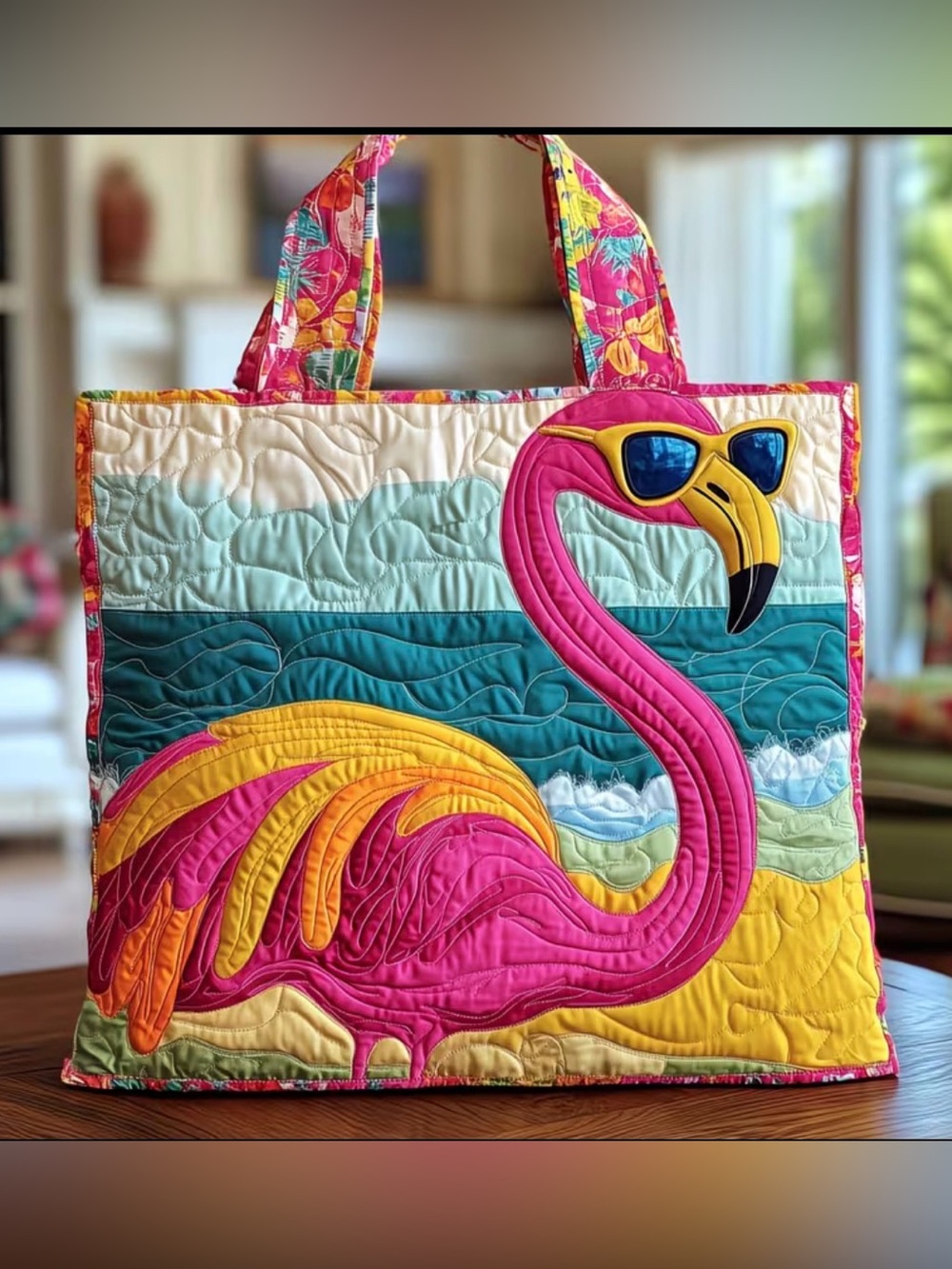 Quilted Pink Flamingo Tote Bag with Sunglasses Detail